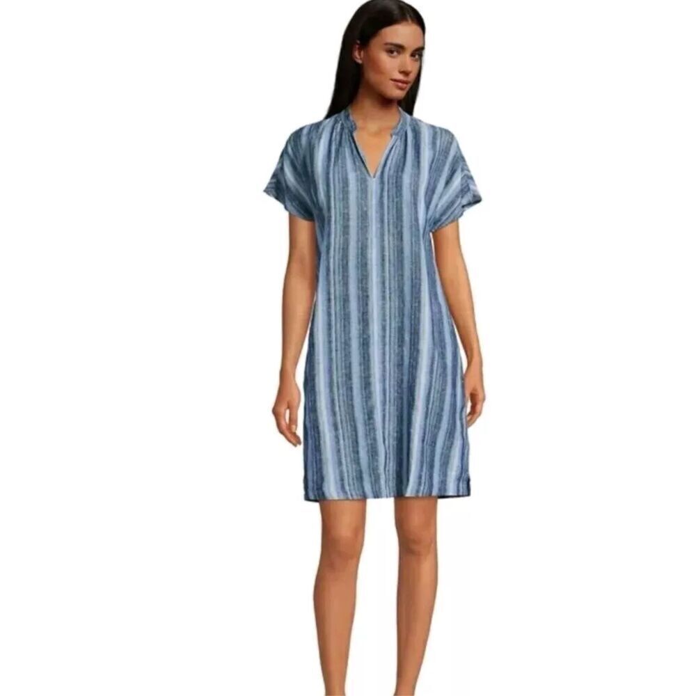 Lands End 100% LINEN STRIPED SIDE POCKETS SHORT SLEEVE SIDE SLITS DRESS Medium